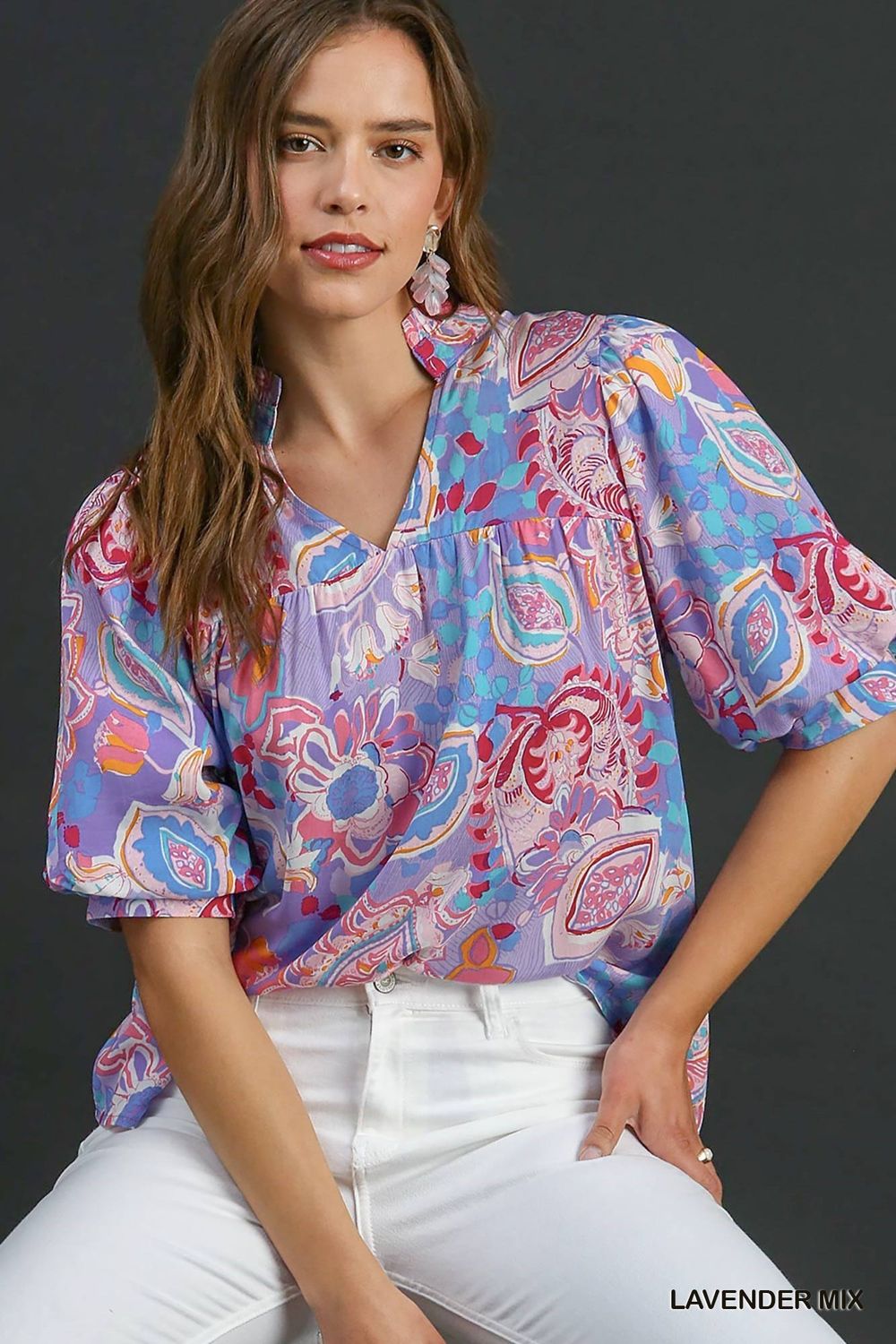 Mixed Print Split Neck Top