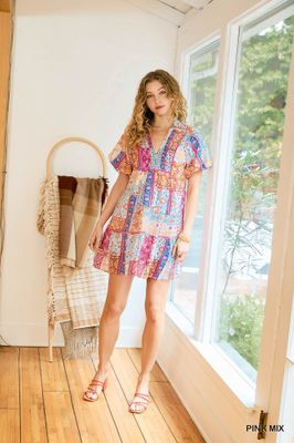 Patchwork Print Smocked Mini Dress