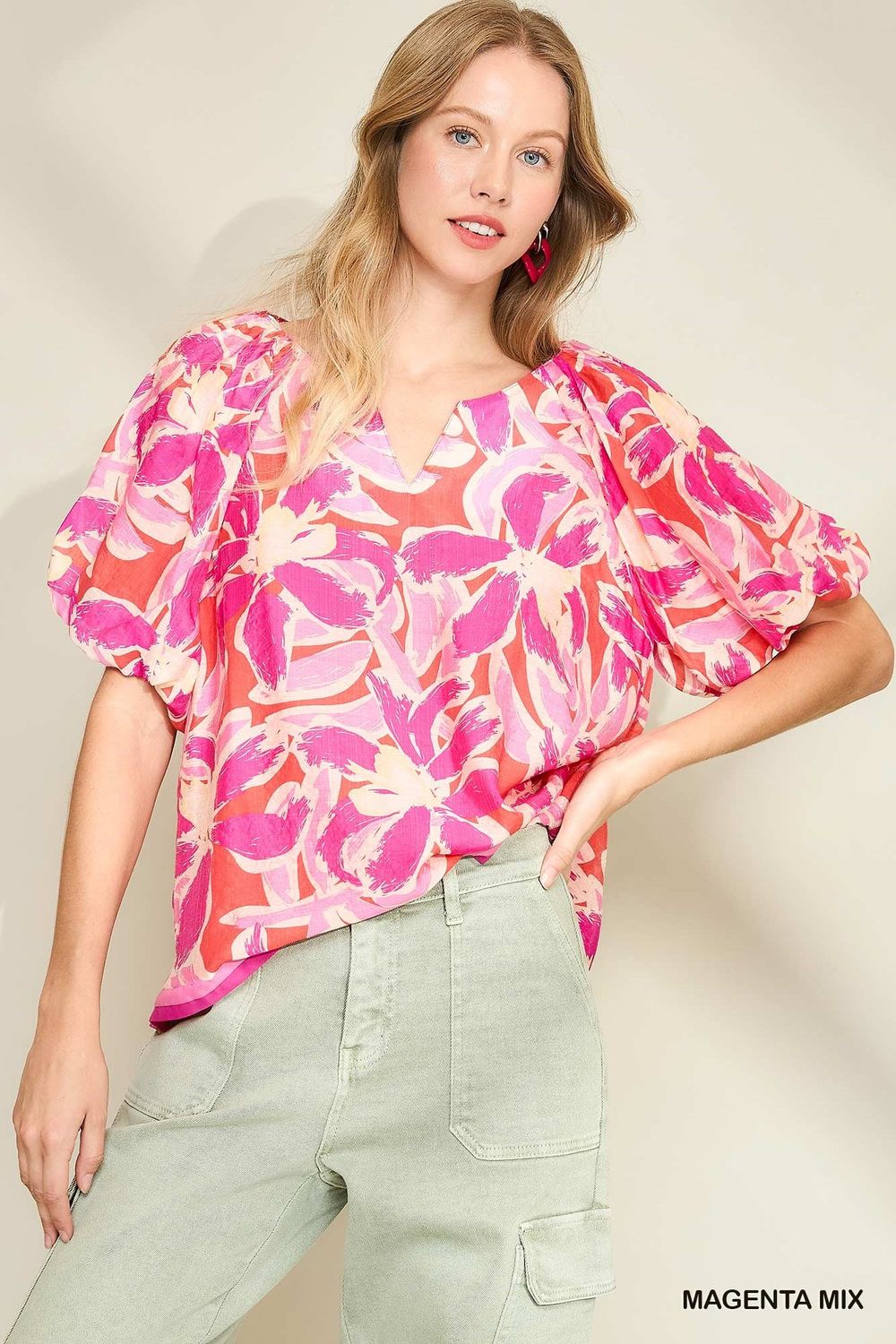 Abstract Floral Print Split Neck Top