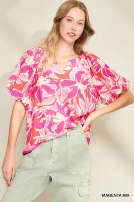 Abstract Floral Print Split Neck Top