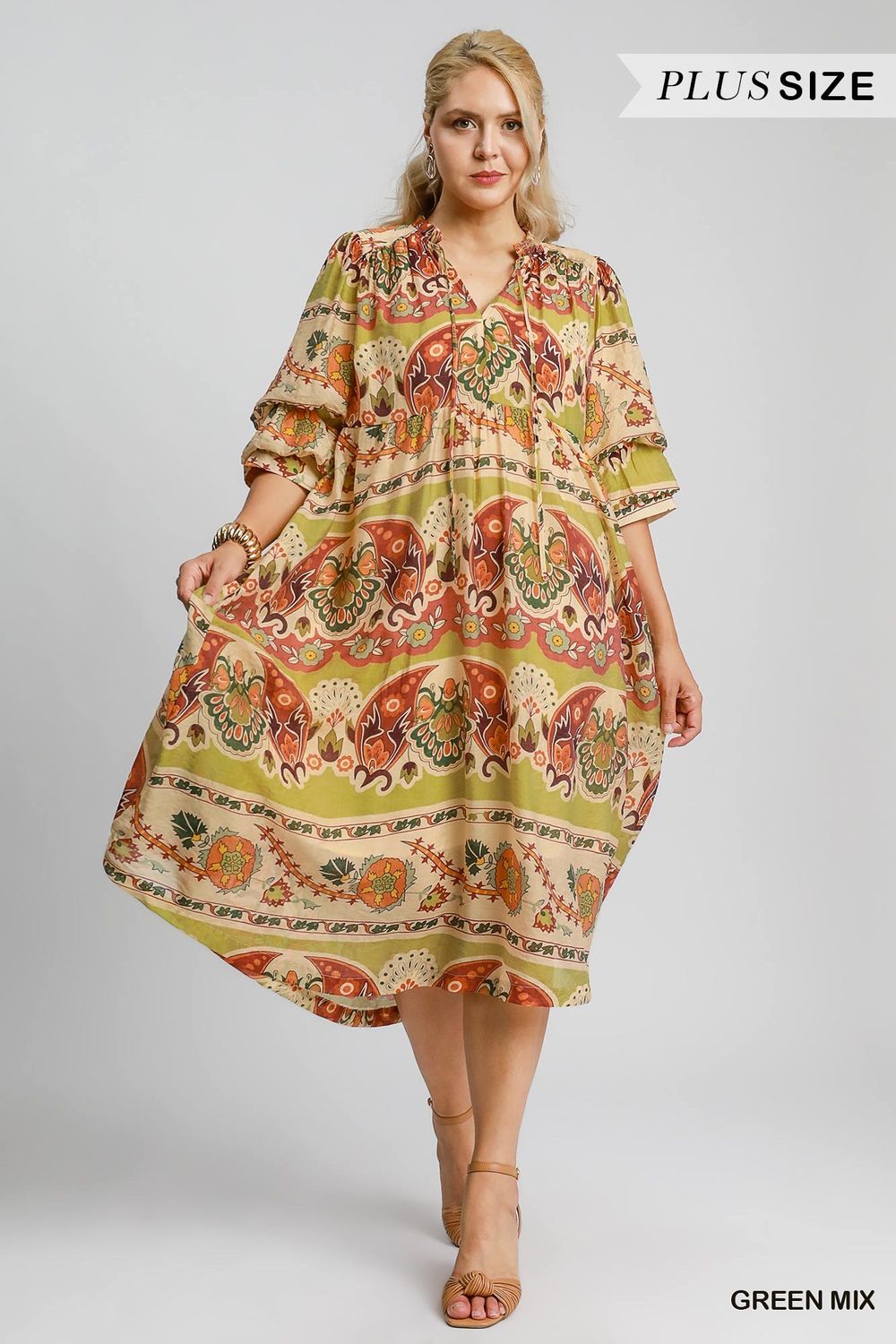 Tiered Border Print Midi Dress - Plus
