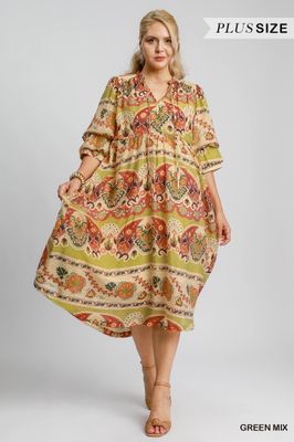 Tiered Border Print Midi Dress - Plus
