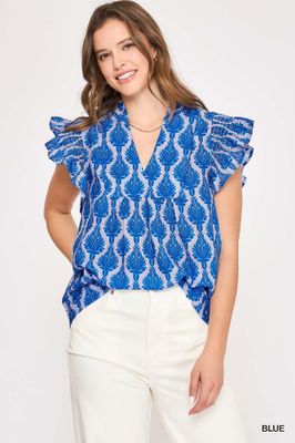 Abstract Print V-Neck Top