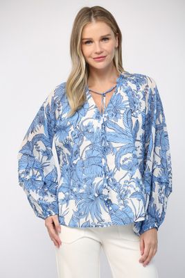 Tropical Print Cotton Voile Tie Neck Blouse