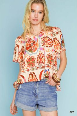 Tied Split Neck Short Sleeve Scallop Hem Print Top
