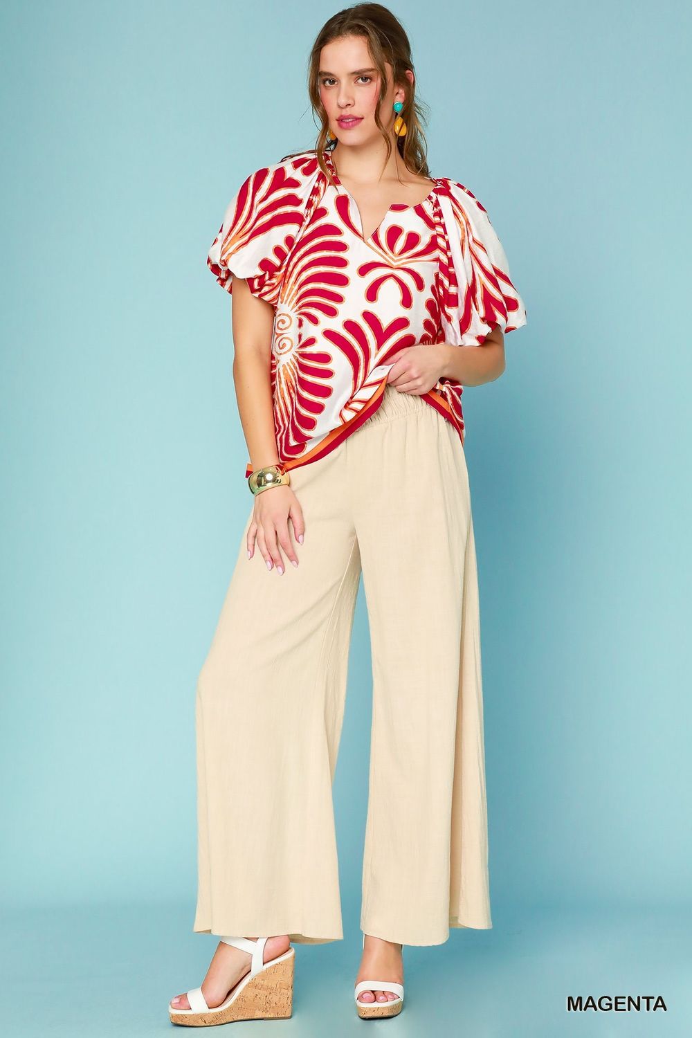 Abstract Print Puff Sleeve Blouse