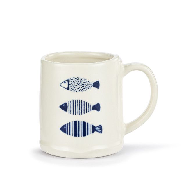 Blue and White Three Fish Ceramic Mug - 14oz
