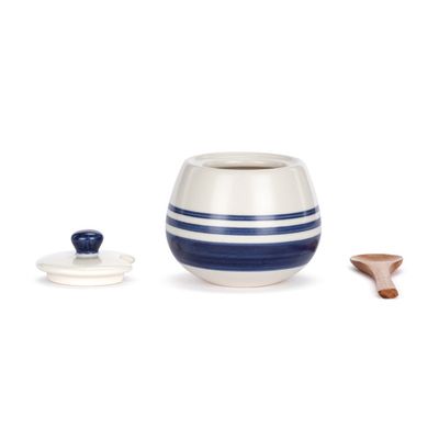 Blue and White Stripe Ceramic Hand Painted Condiment Dish with Spoon