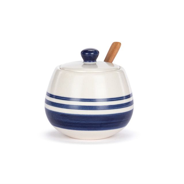 Blue and White Stripe Ceramic Hand Painted Condiment Dish with Spoon