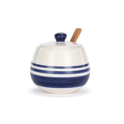 Blue and White Stripe Ceramic Hand Painted Condiment Dish with Spoon
