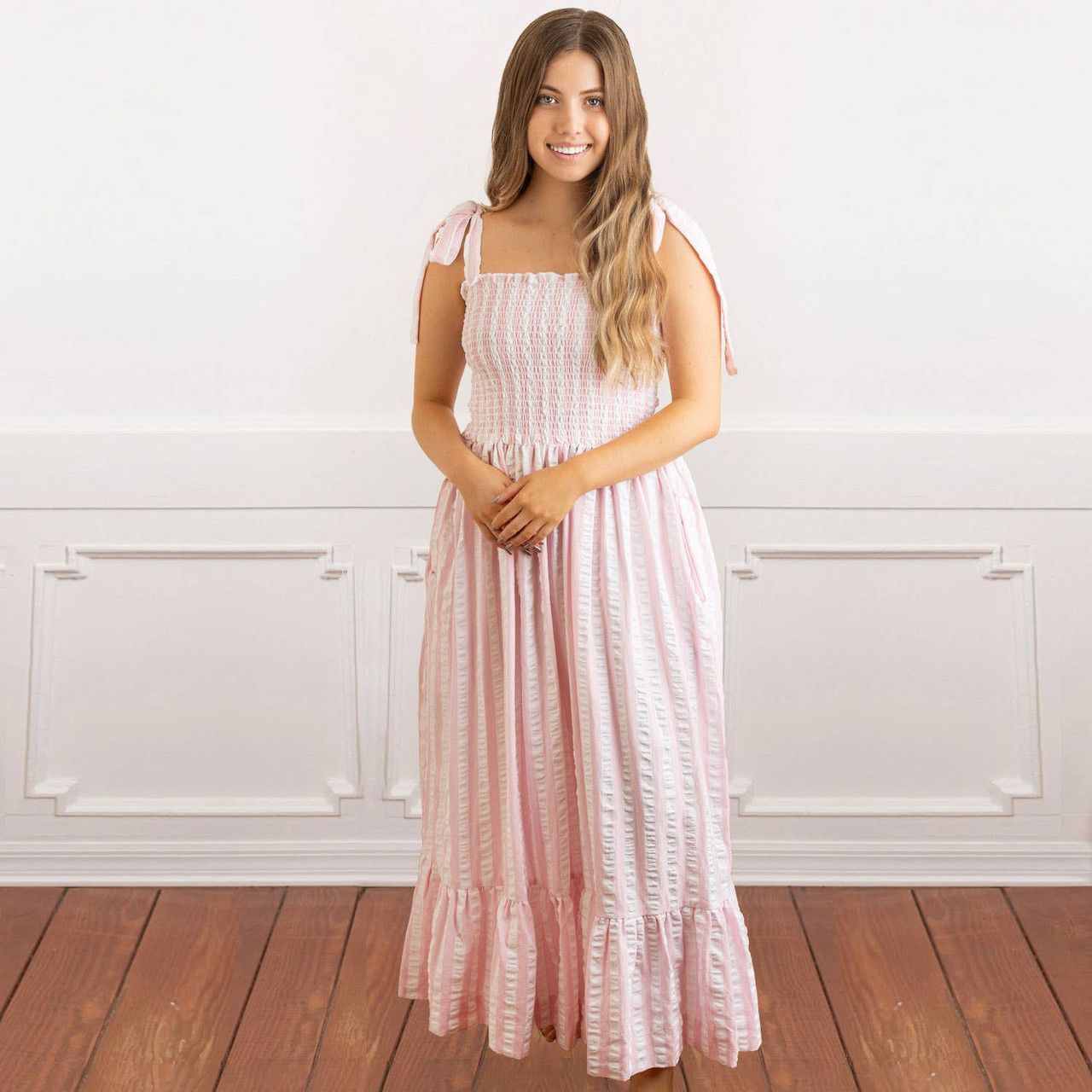 Textured Tie Top Smocked Dress