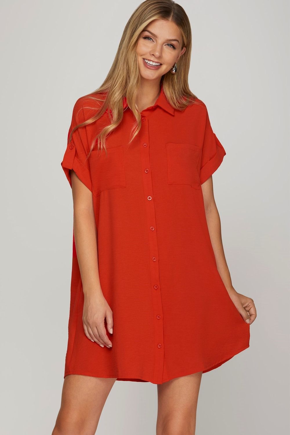 Drop Shoulder Button Up Woven Shirt Dress