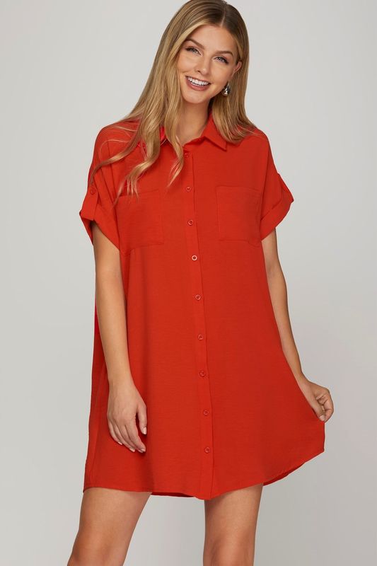 Drop Shoulder Button Up Woven Shirt Dress