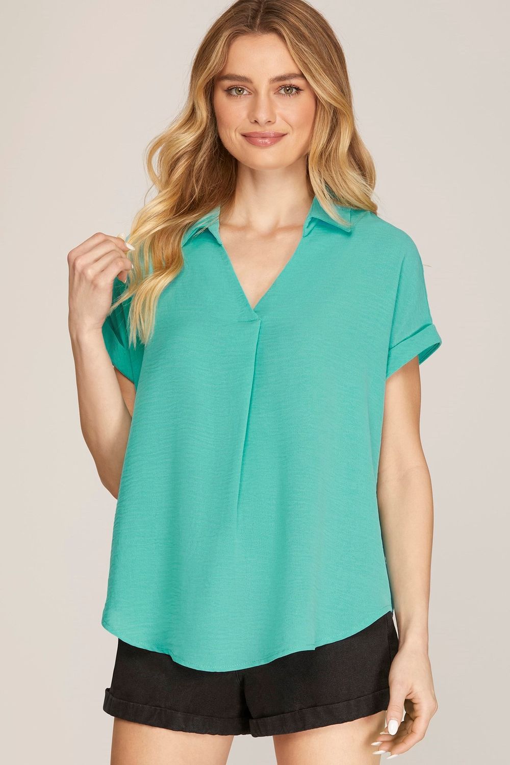 Drop Shoulder Collared Woven Top