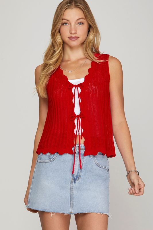Sleeveless Scallop Front Tie Sweater Vest