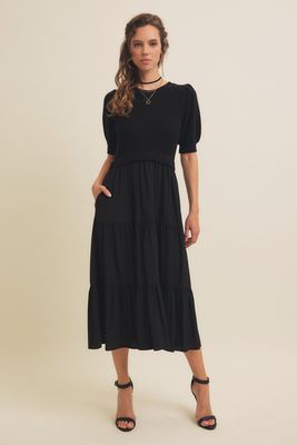 Mixed Media Short Sleeved Sweater Top Midi Dress