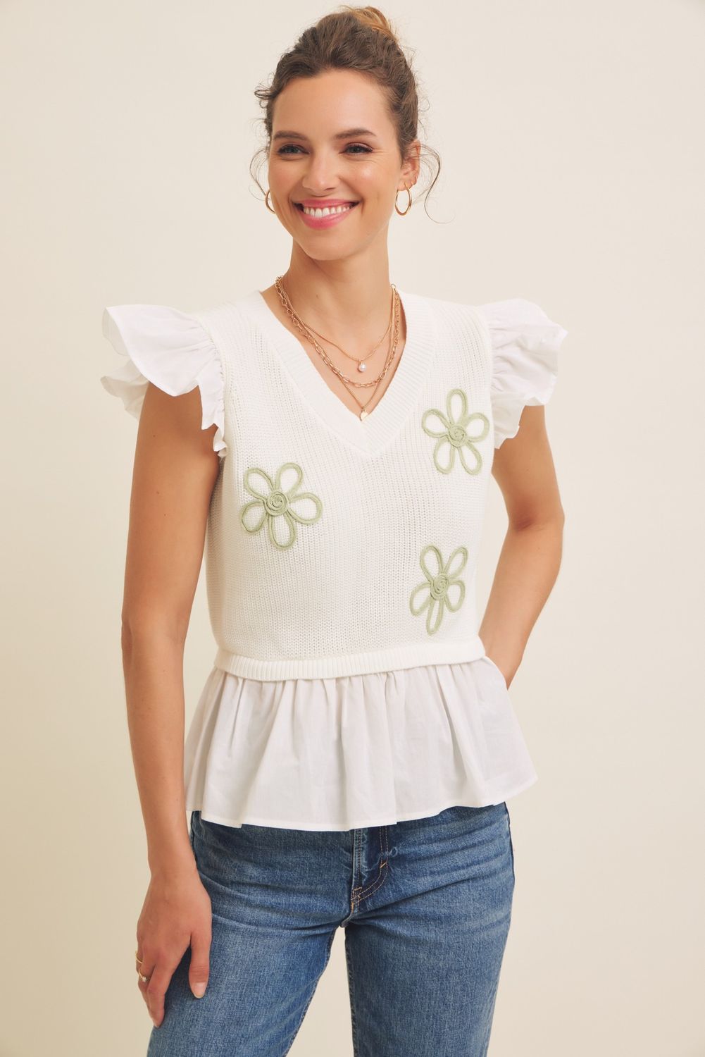 Embroidery Ruffle Sleeved Soft Sweater Top