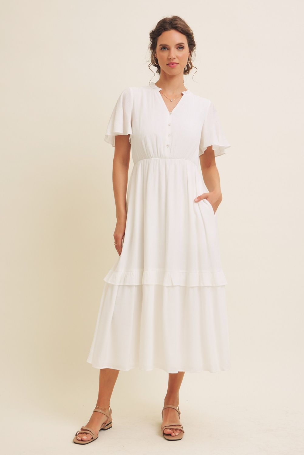 Button Down Midi Dress With Ruffle Details &amp; Elastic Waist