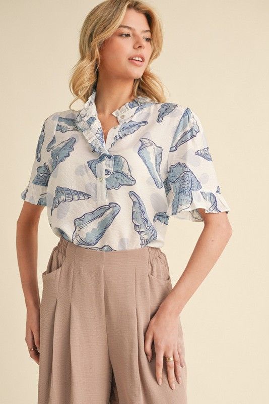 Seashells Print Ruffled Neck Top