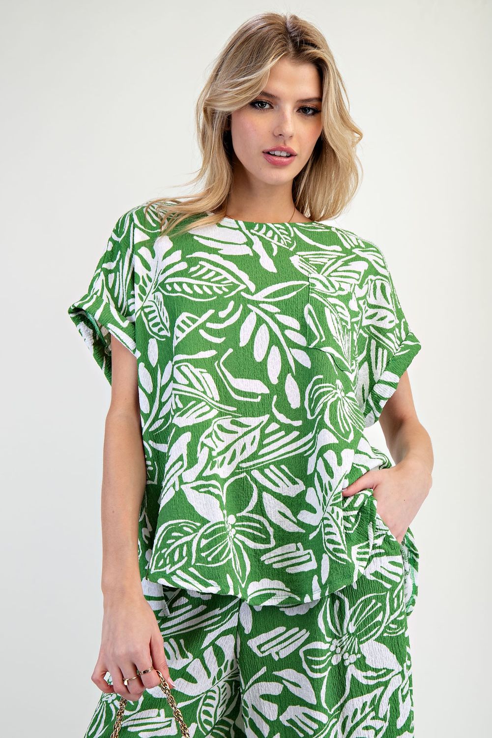 Tropical Printed Knit Top, Color: Jungle Green, Size: S