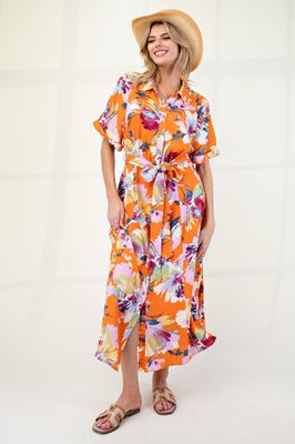 Printed Rayon Linen Button Down Dress