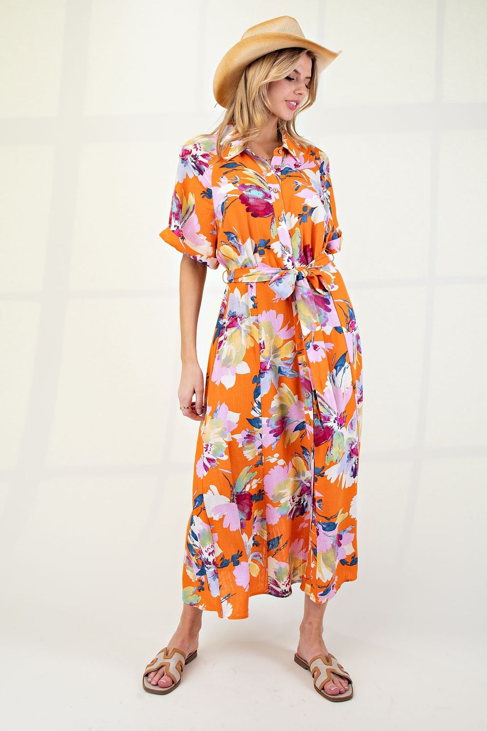 Printed Rayon Linen Button Down Dress