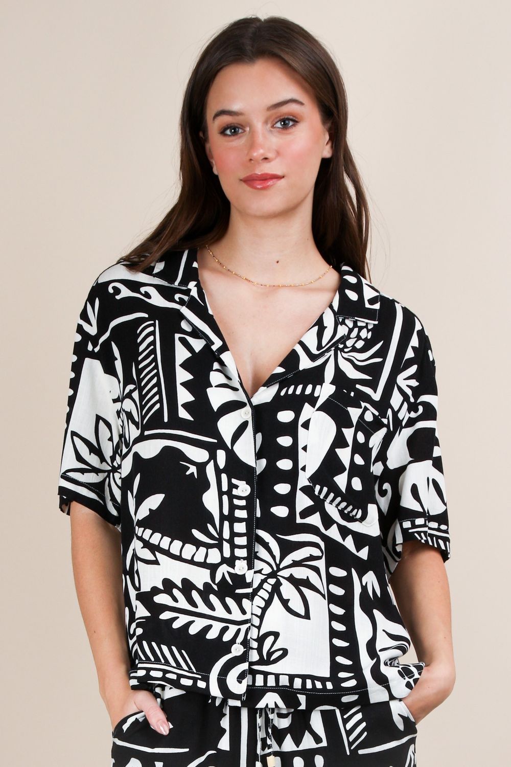 Button Down Shirt Resort Top, Color: Black, Size: S