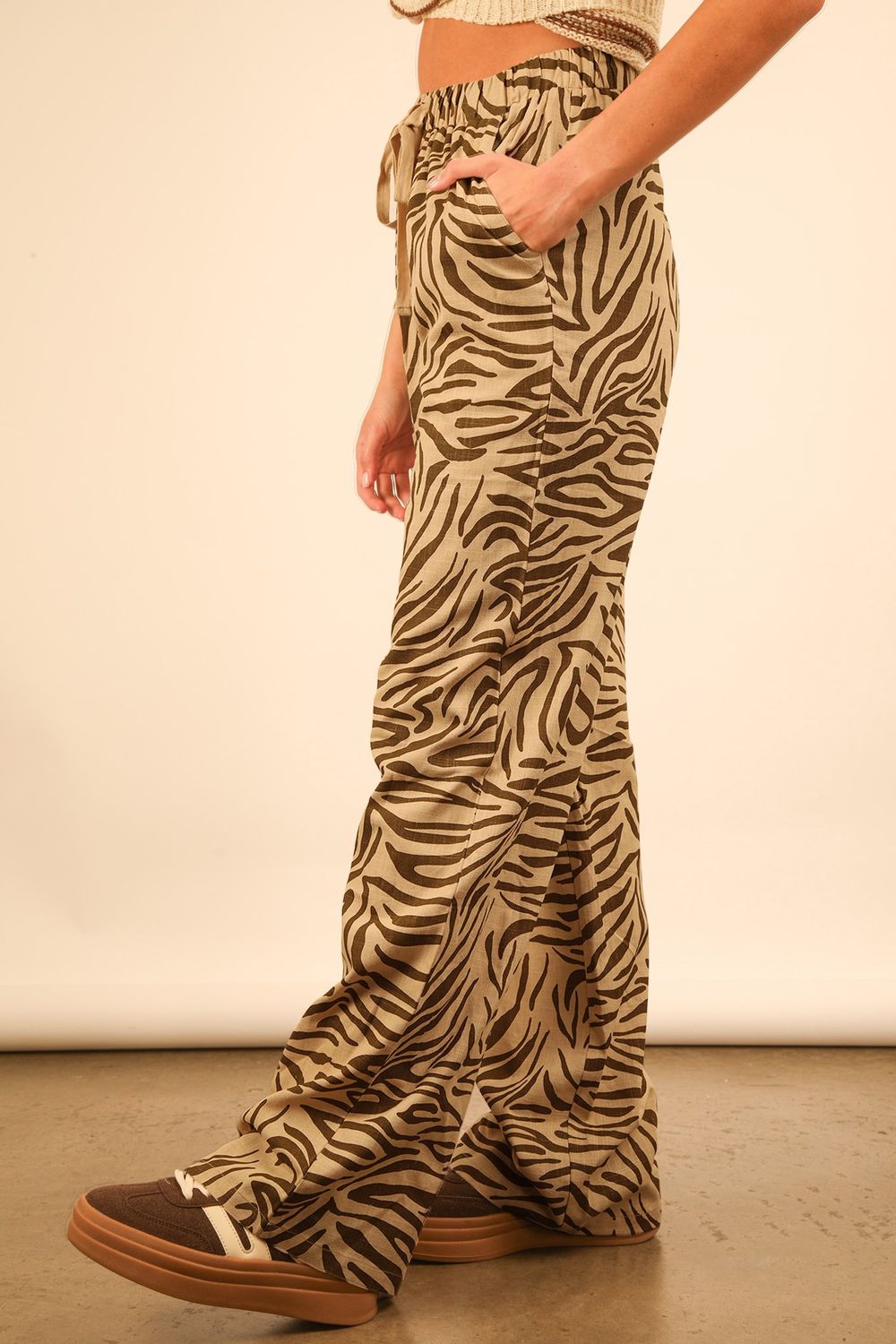 Animal Print Linen Pants, Color: Taupe Zebra, Size: S