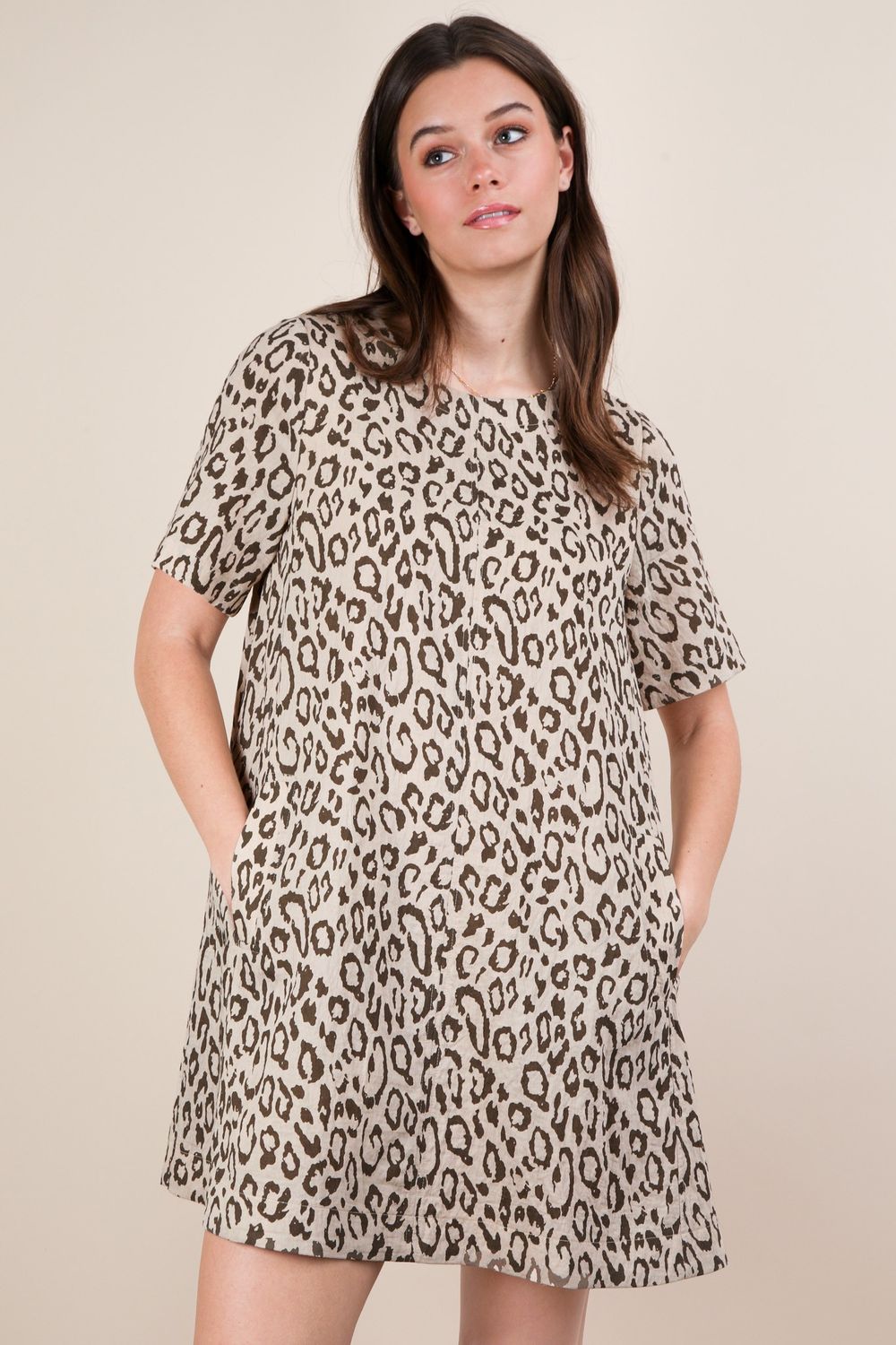 Leopard Printed  Mini Dress, Color: Oatmeal, Size: S