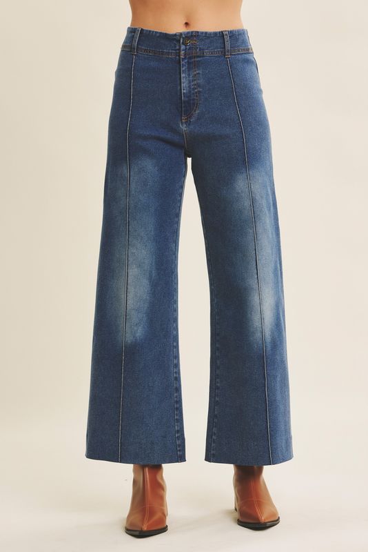 Stretchy Pintuck Ankle Length Wide-leg Denim Pants