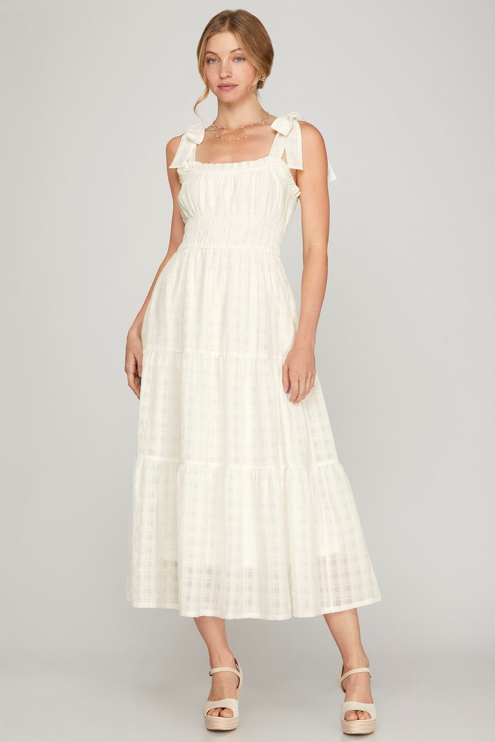 Woven Midi Teired Dress, Color: Off White, Size: S