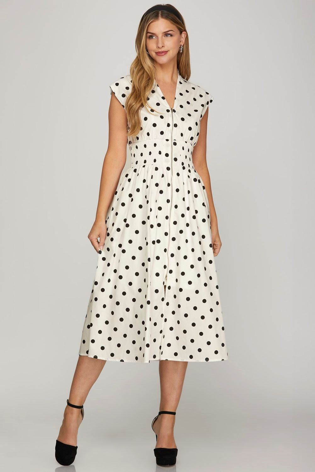Front Zip Polka Dots Midi Dress
