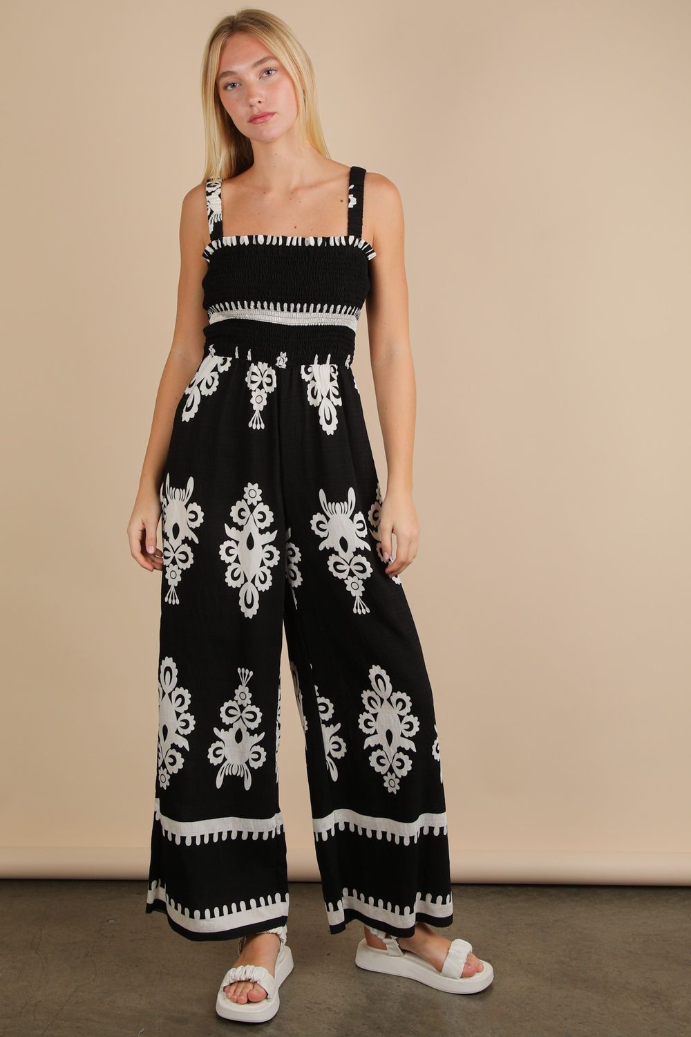 Boho Printed Smocking Detail Jumpsuit, Color: Black, Size: S