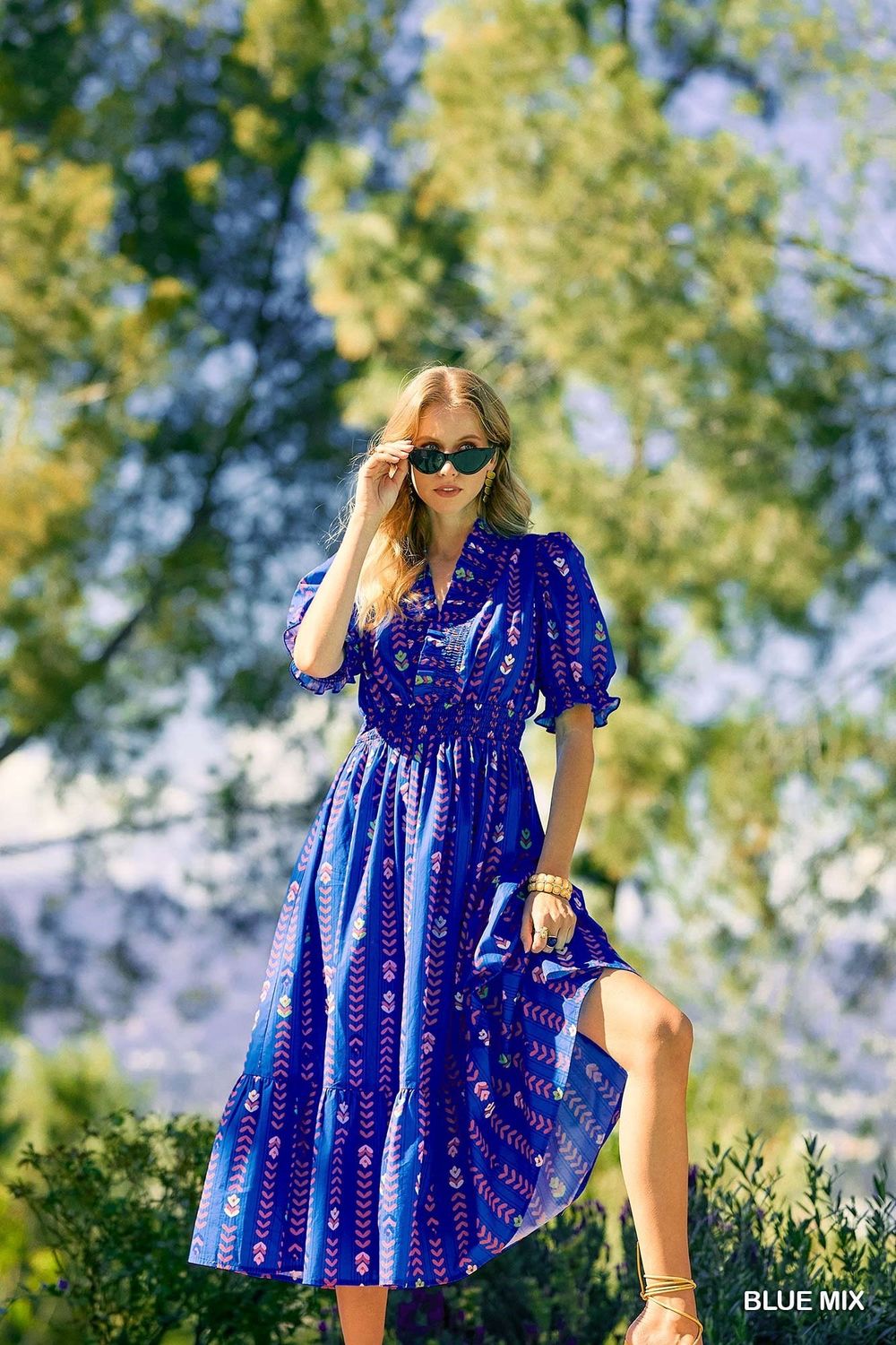 Vibrant Ruffle Smocked Midi Dress