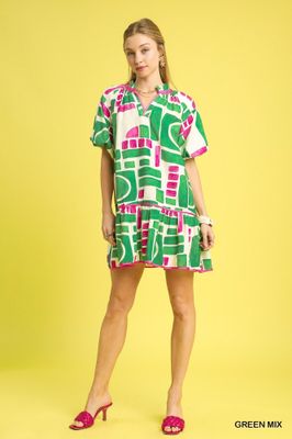 Abstract Geo Print Ruffle Hem Dress