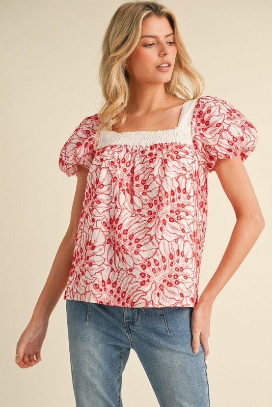 Embroider Print Puffed Sleeves Top