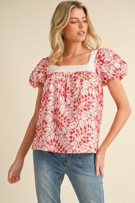 Embroider Print Puffed Sleeves Top