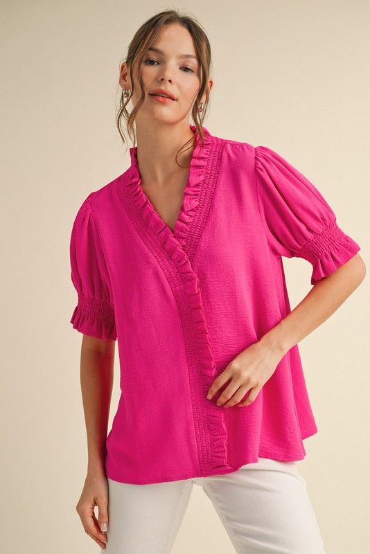 Solid Smocked Frilled V-neck Top