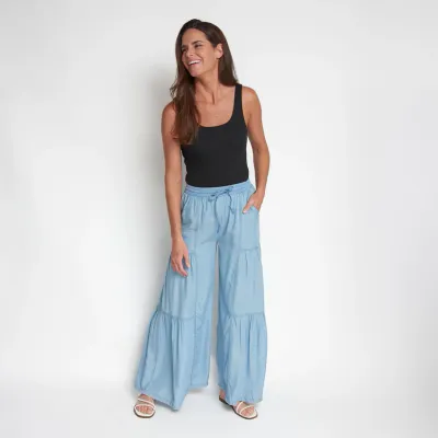 Delaney Wide Leg Tiered Chambray Pants