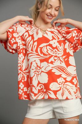 Boxy Cut Two Tone Floral Print Top