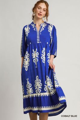 Two Toned Abstract Print V-Neck Dress