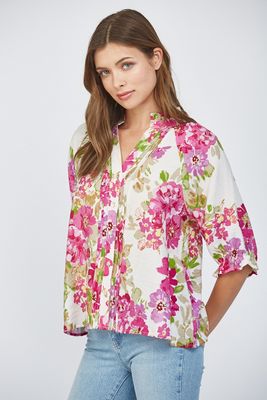Floral Print Pintuck Detail Split Neck Blouse