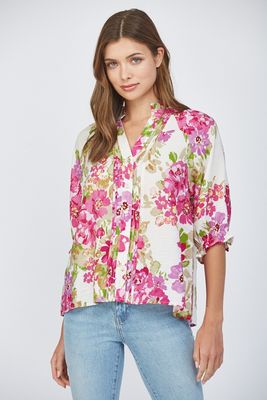 Floral Print Pintuck Detail Split Neck Blouse
