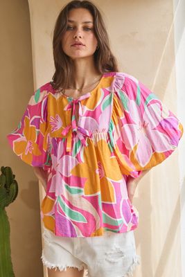 Geo Floral Printed Batwing Sleeve Top