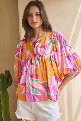 Geo Floral Printed Batwing Sleeve Top
