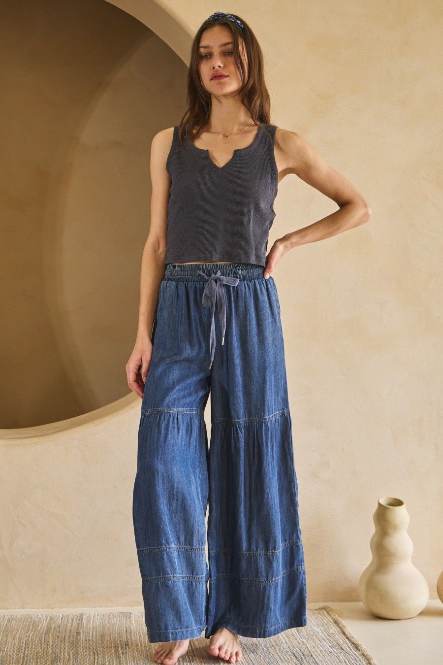 Washed Denim Tiered Wide Leg Pants