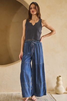 Washed Denim Tiered Wide Leg Pants
