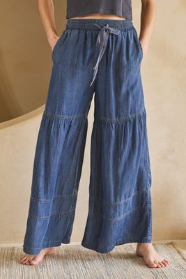 Washed Denim Tiered Wide Leg Pants