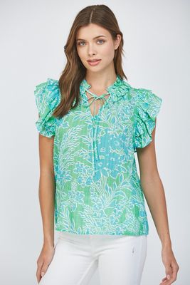 Flutter Sleeve Ruffle Collar Top