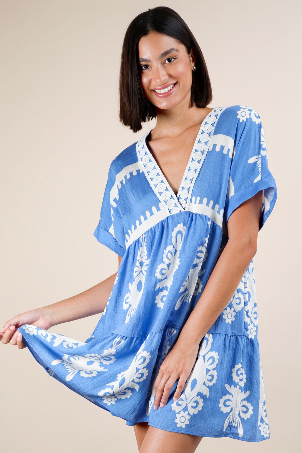 Printed V-neck Woven Mini Dress